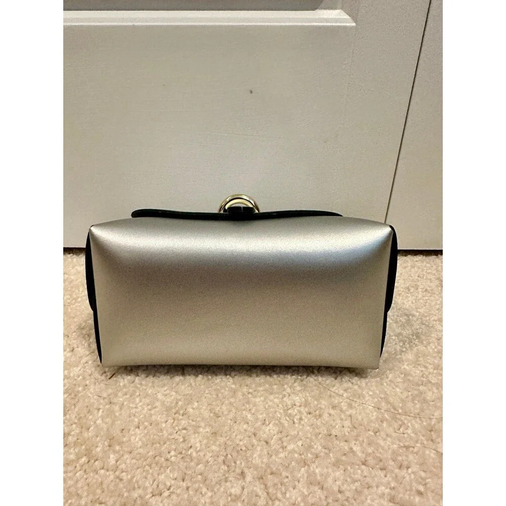 Silver Vintage Genuine Italian Leather Crossbody Bag with Gold Chain  & Pom Pom - Picture 8 of 8